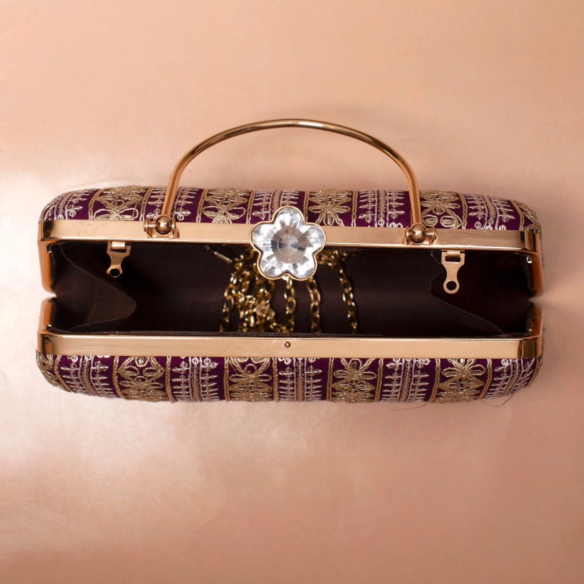 Artklim Wine Based White And Golden Threadwork Embroidery Clutch