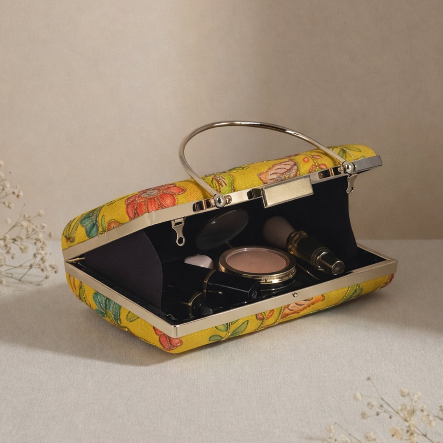 Artklim Mustard Yellow Floral Embroidered Clutch