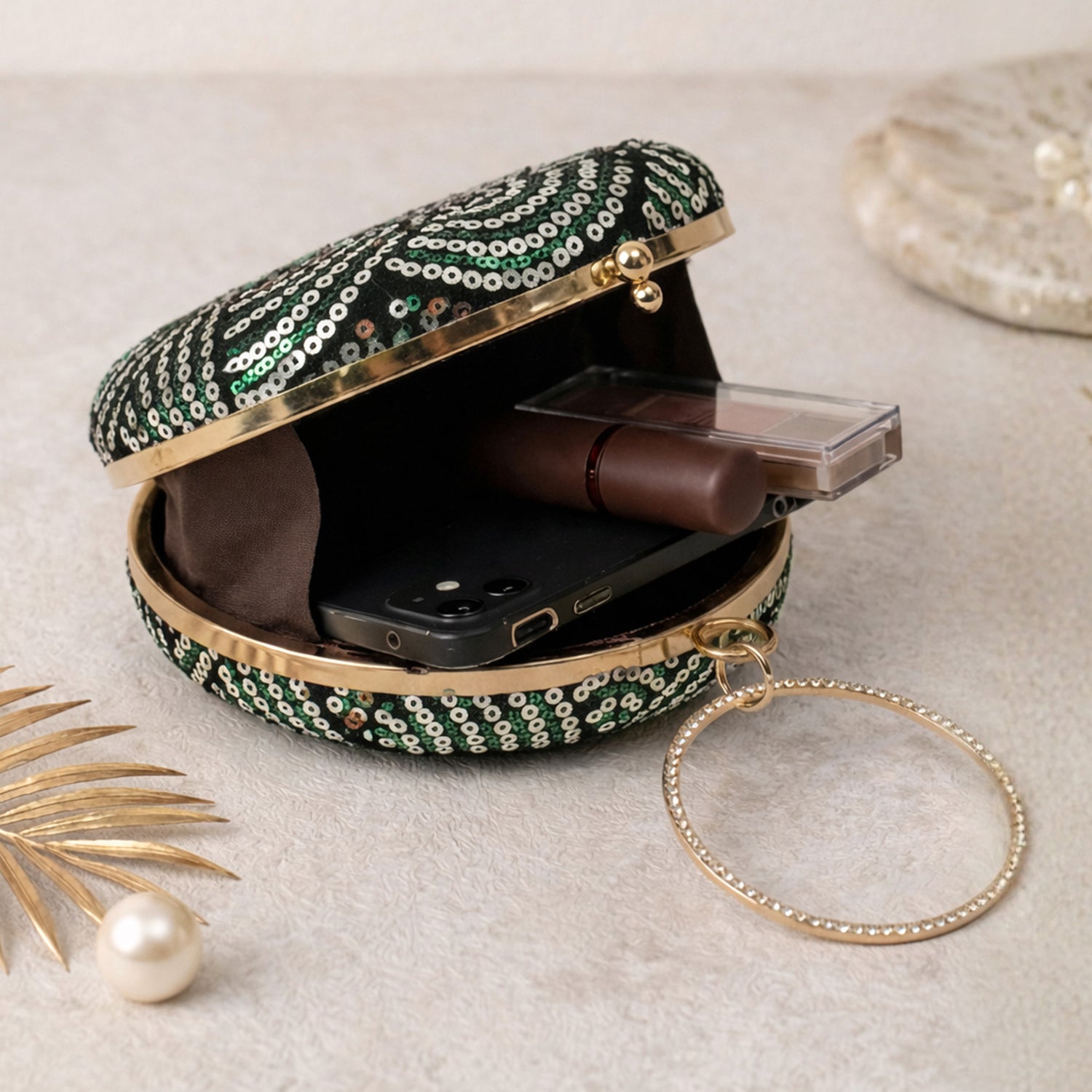 Artklim Stylish Green & Gold Sequin Embroidery Clutch
