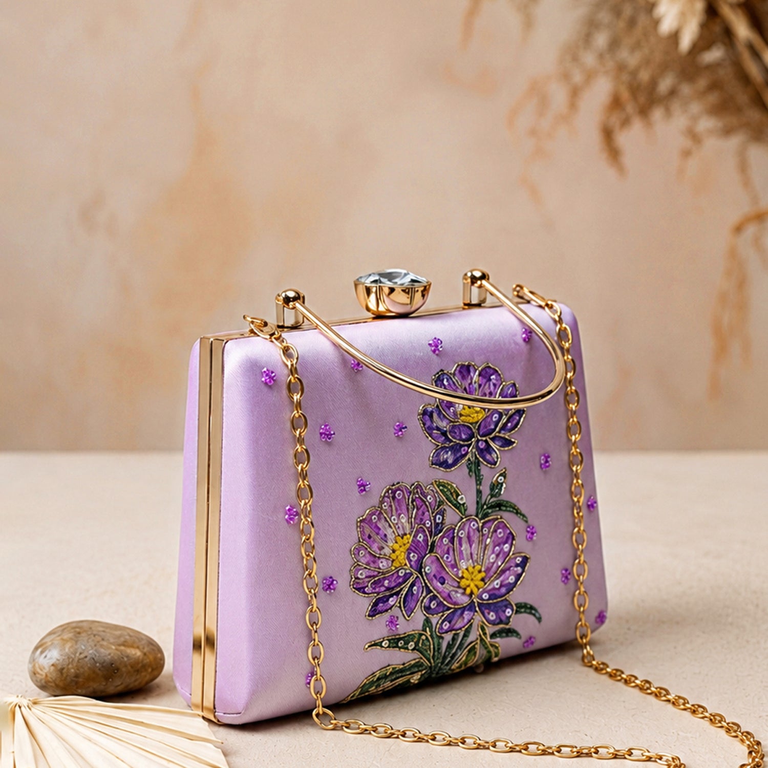 Artklim Lavender Floral Embroidered Clutch Bag