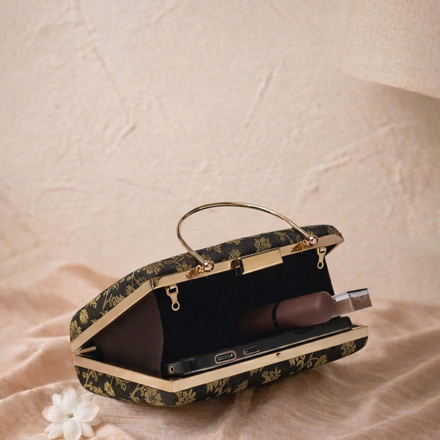Artklim Elegant Black & Gold Floral Embroidery clutch