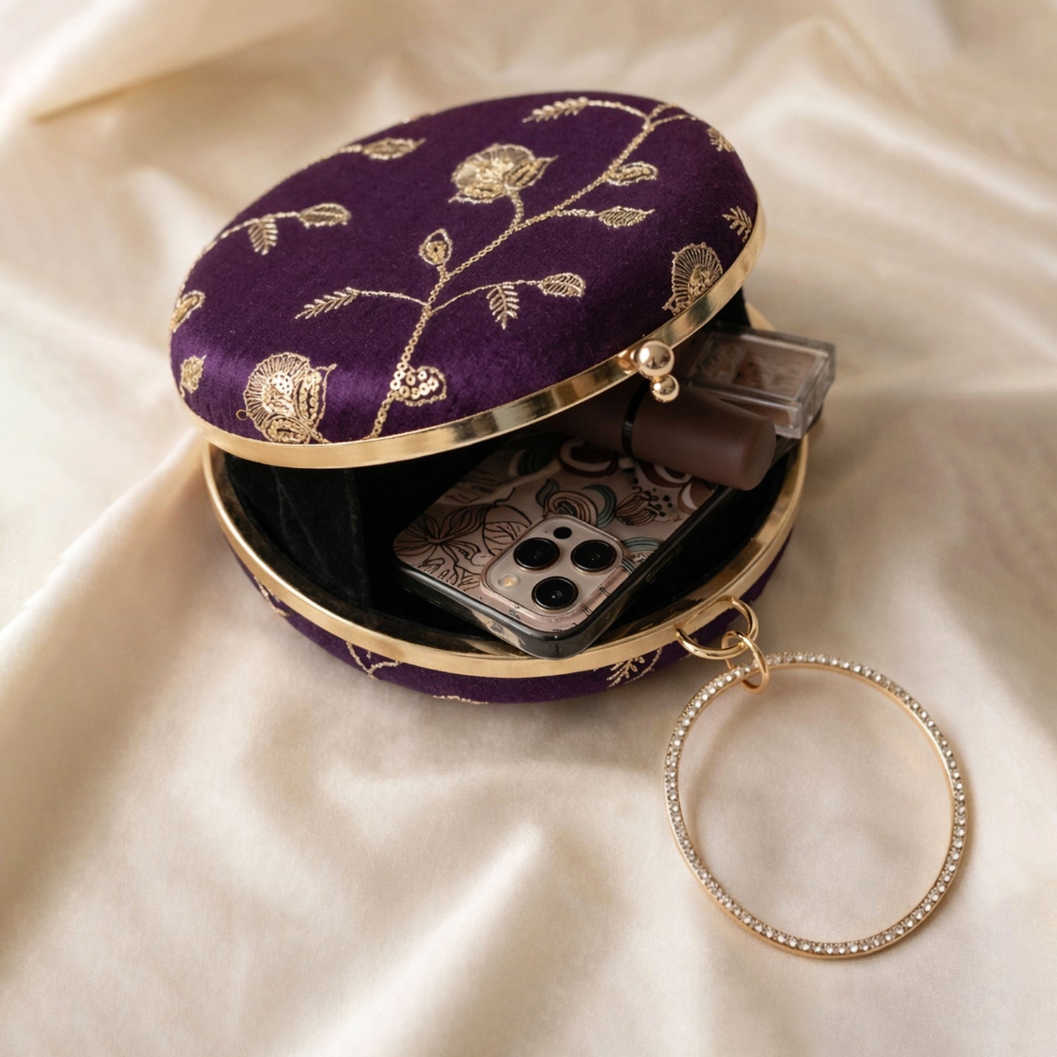 Artklim Dark Purple Floral Round Clutch