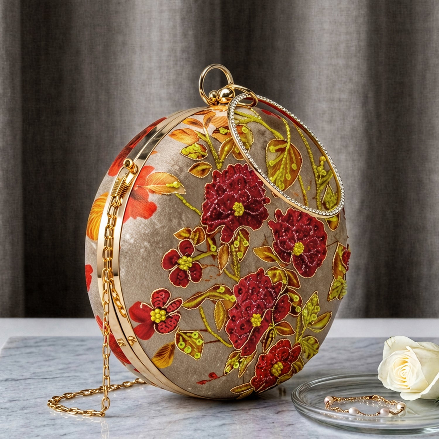Artklim Printed Beige Round Floral with Hand Embroidery
