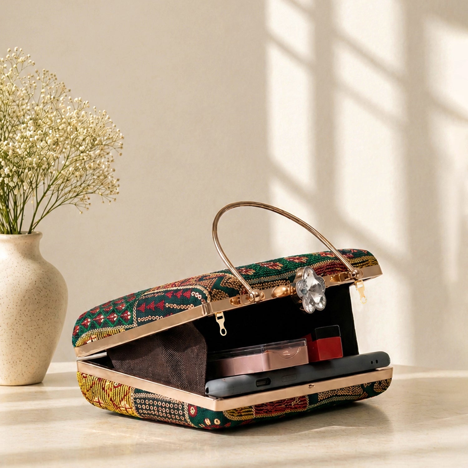 Artklim Green Floral Patchwork Ethnic Embroidery Clutch