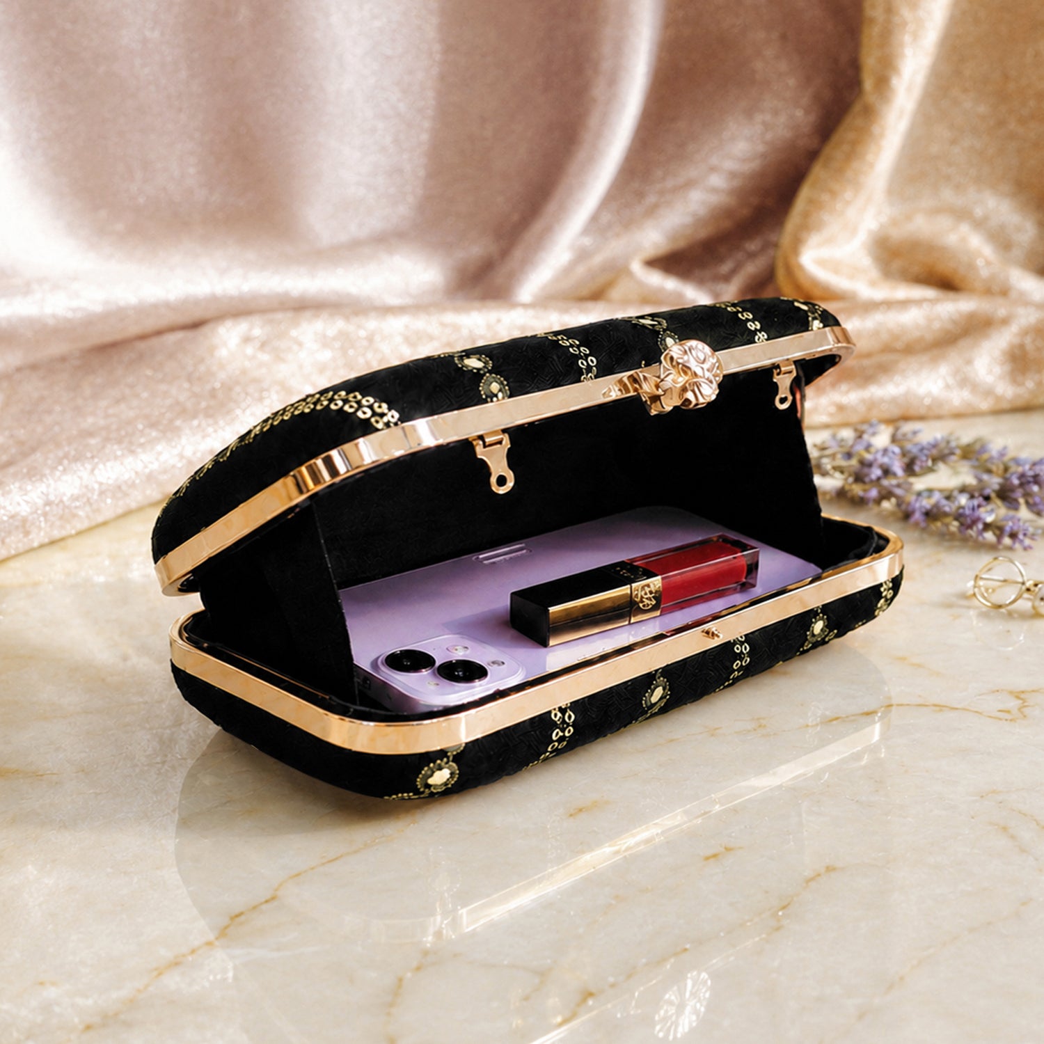 Artklim Elegant Black Embellished Embroidered Clutch Bag