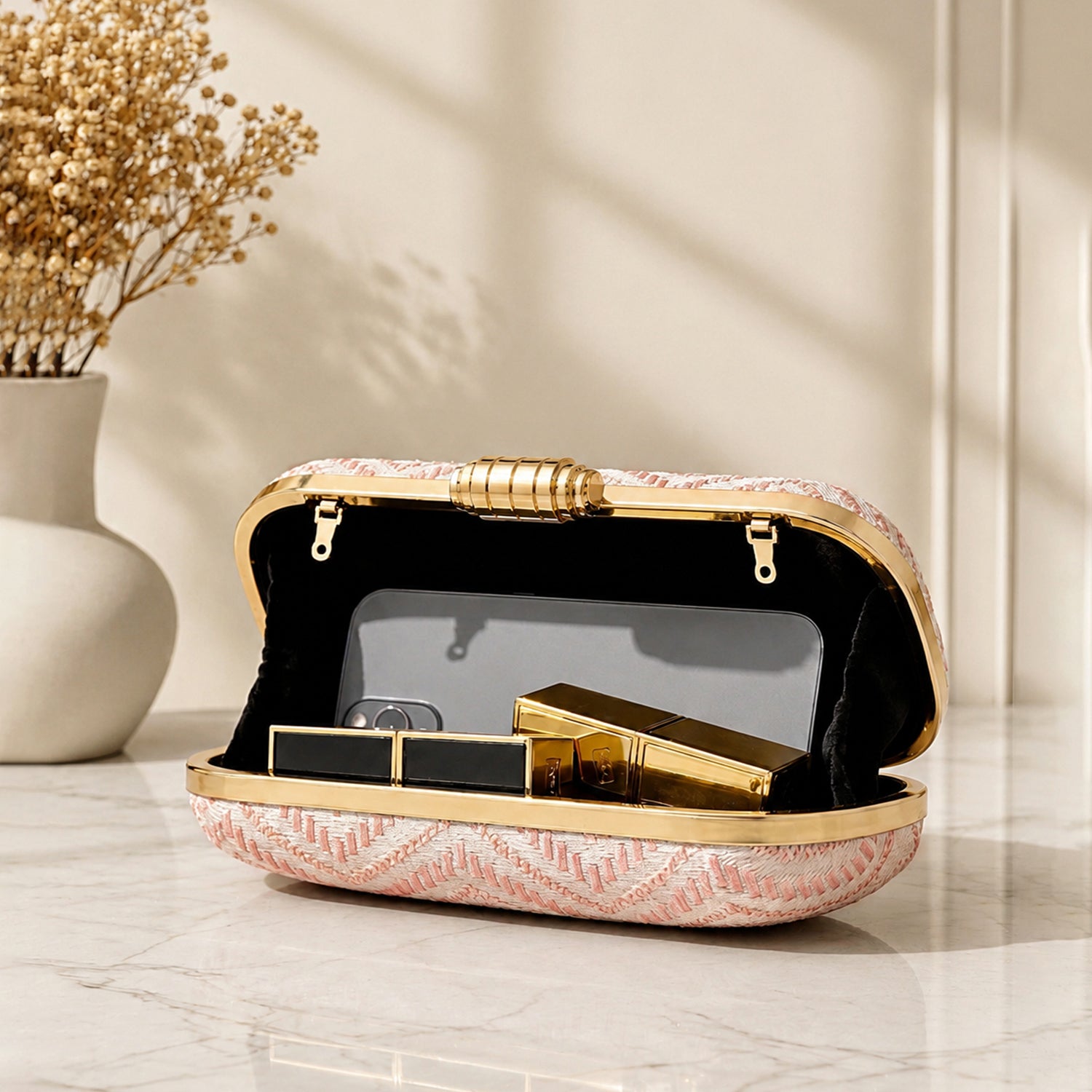 Artklim Soft Peach Chevron Pattern Festive Embroidery Clutch