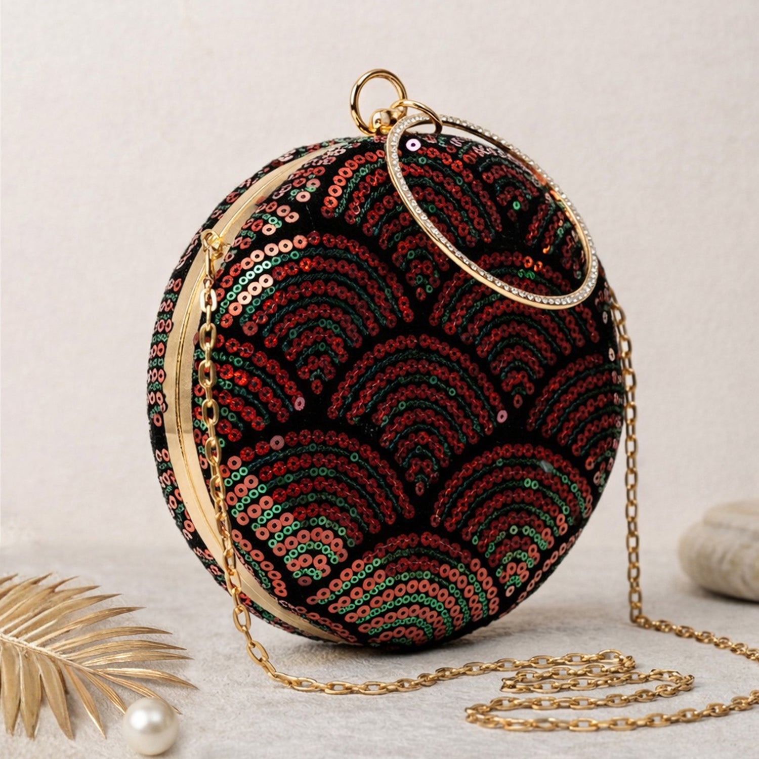 Artklim Chic Black with Red & Green Sequin Pattern Embroidery Clutch