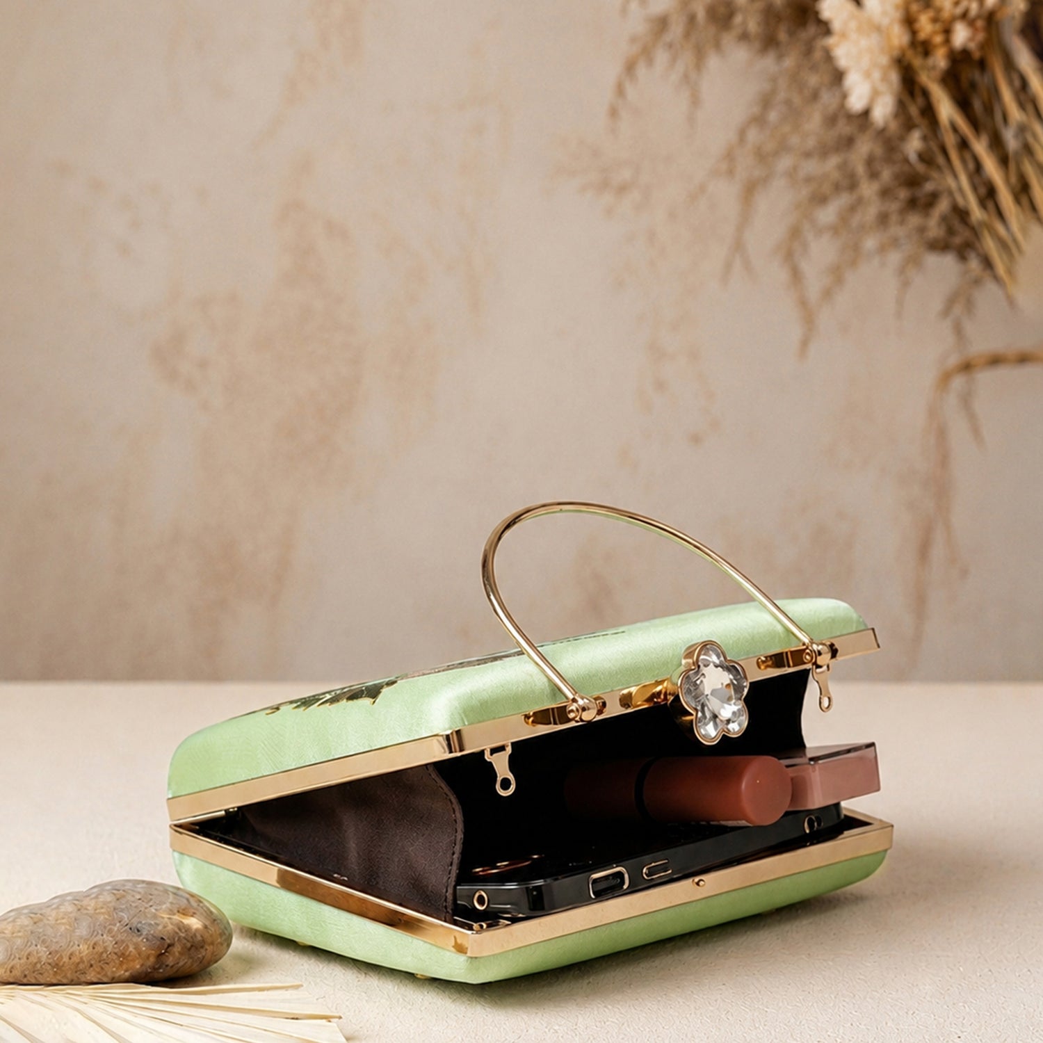 Artklim Green Floral Embroidered Designer Clutch