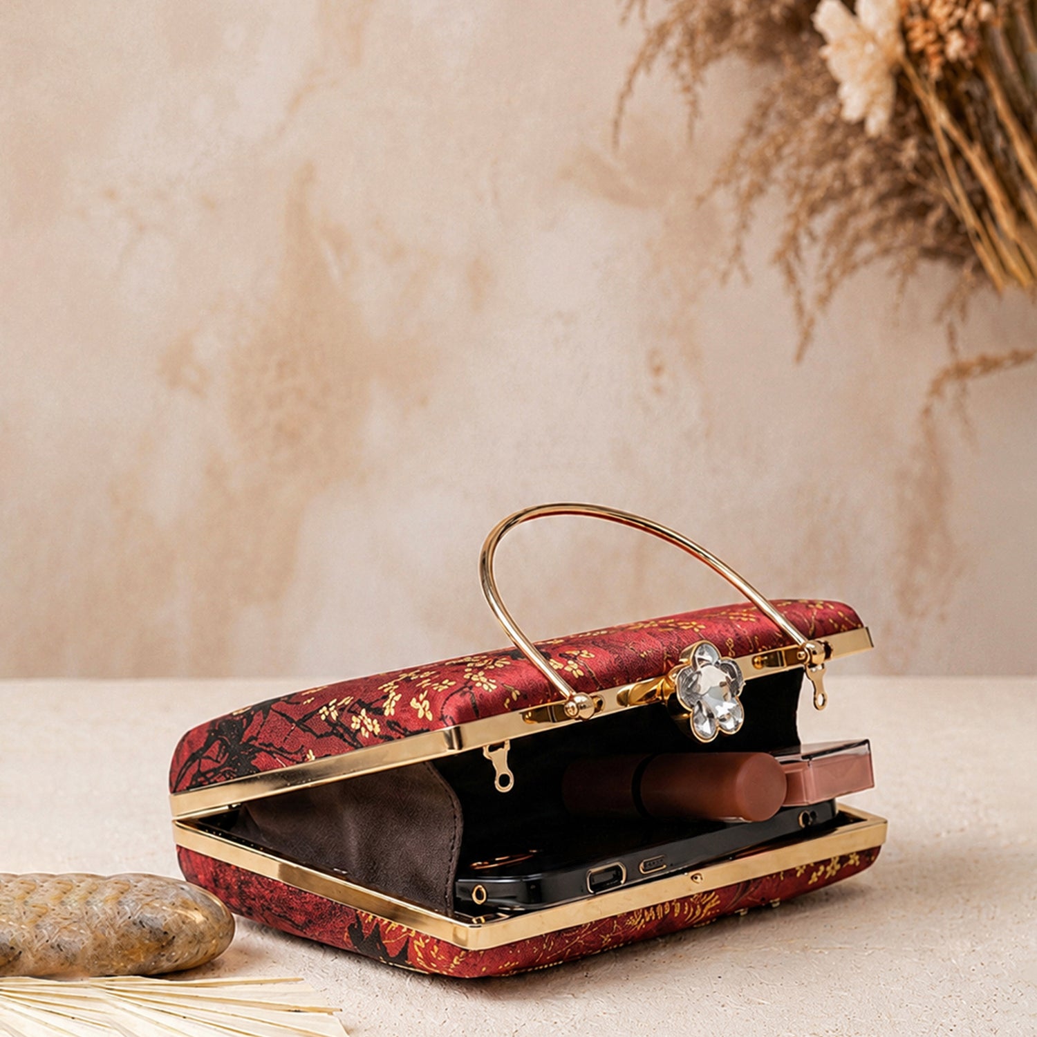 Artklim Crimson Elephant Garden Embroidered Clutch