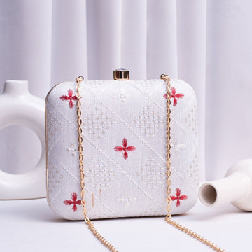 Artklim White And Red Threadwork Embroidery Clutch