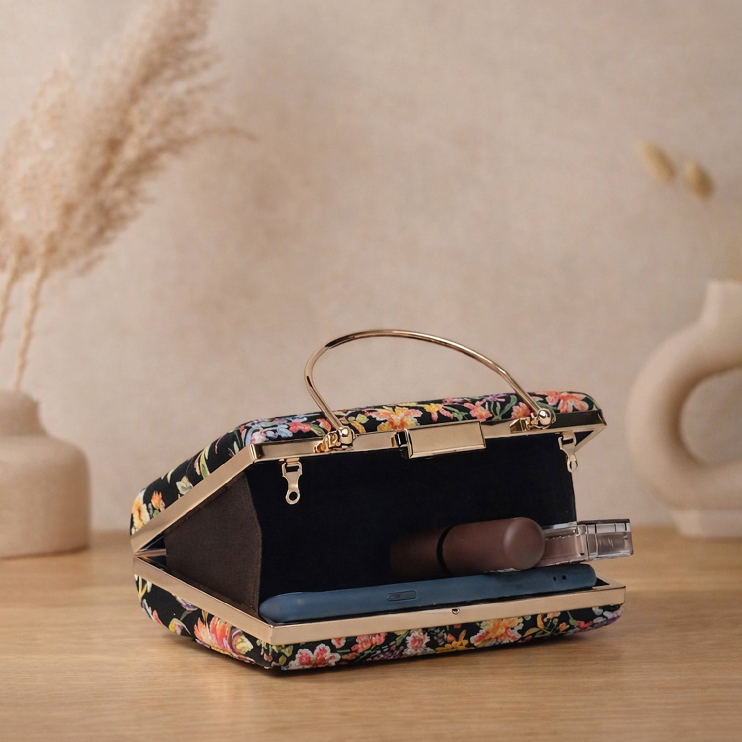 Artklim Printed Black Multicolor Floral Clutch with Hand Embroidery