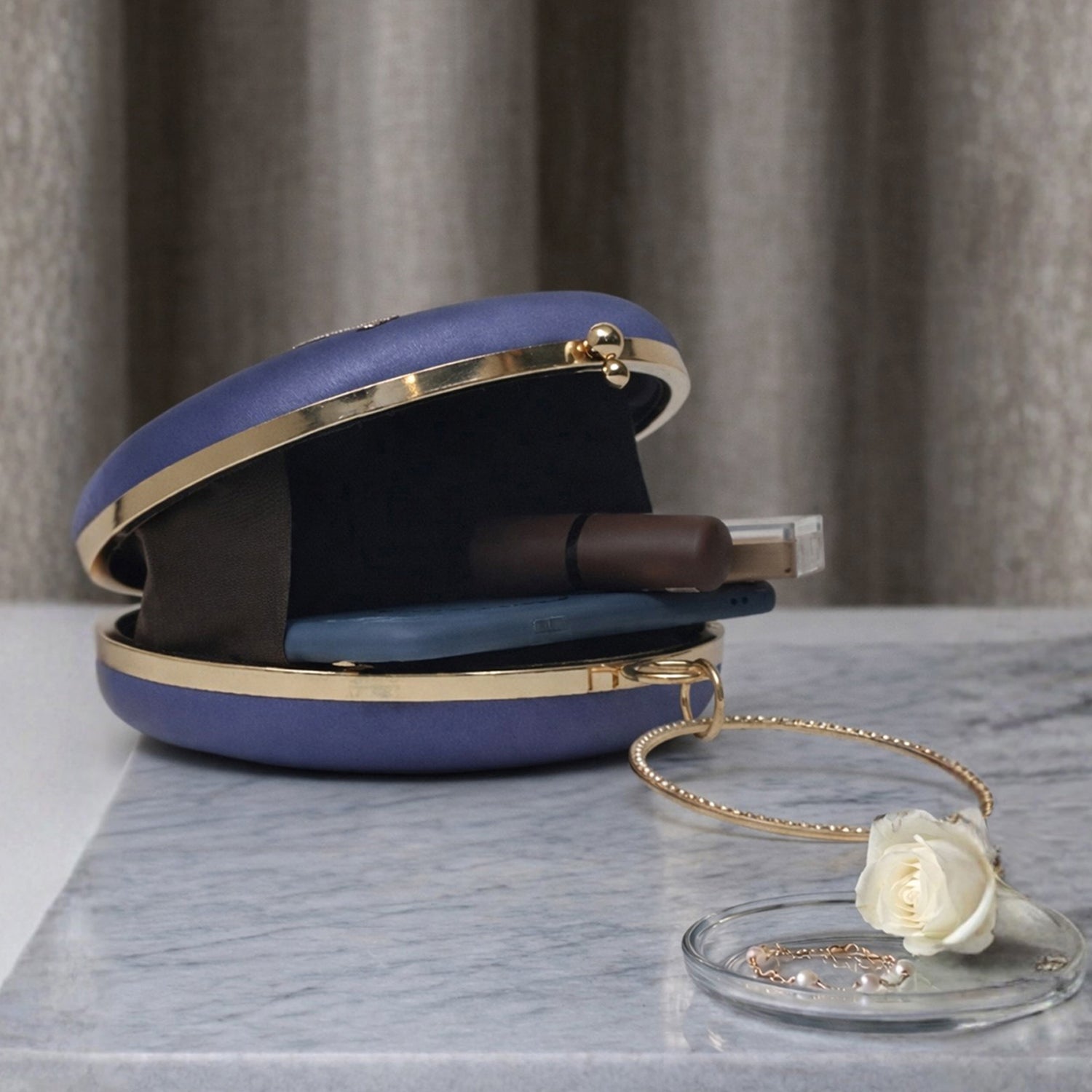 Artklim Printed Navy Blue Round Floral Clutch with Hand Embroidery