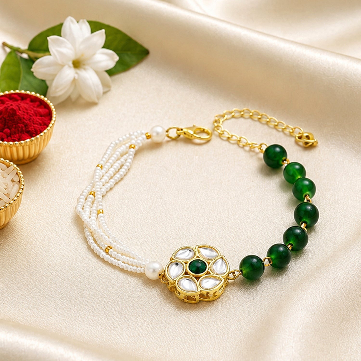 Artklim Green Kundan Floral Bhaiya Bhabhi Rakhi Set