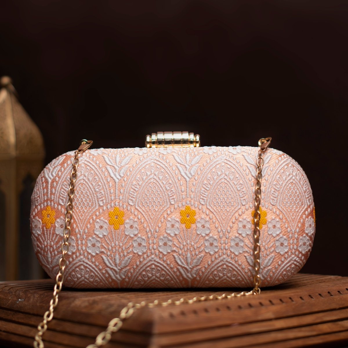 Peach And White Floral Thread Embroidery Clutch