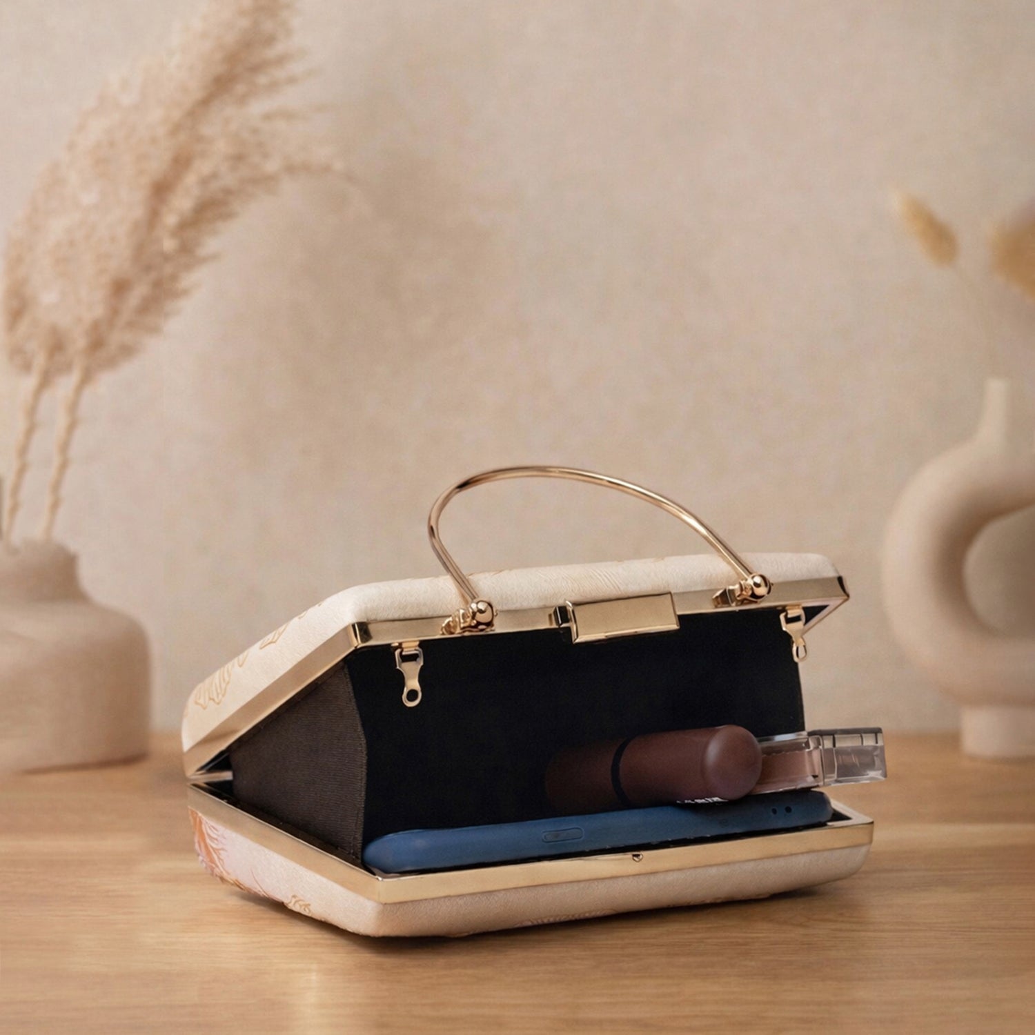 Artklim Printed Blush Pink Floral Beaded Clutch with Hand Embroidery