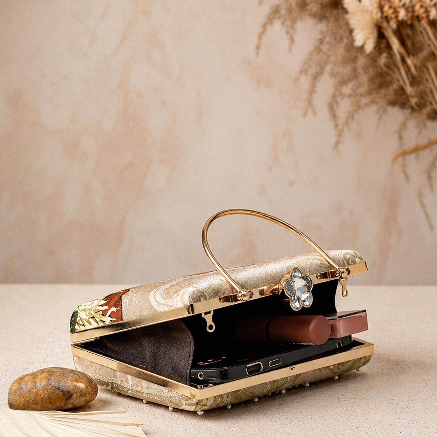 Artklim Beige Traditional Art Embroidered Clutch Bag