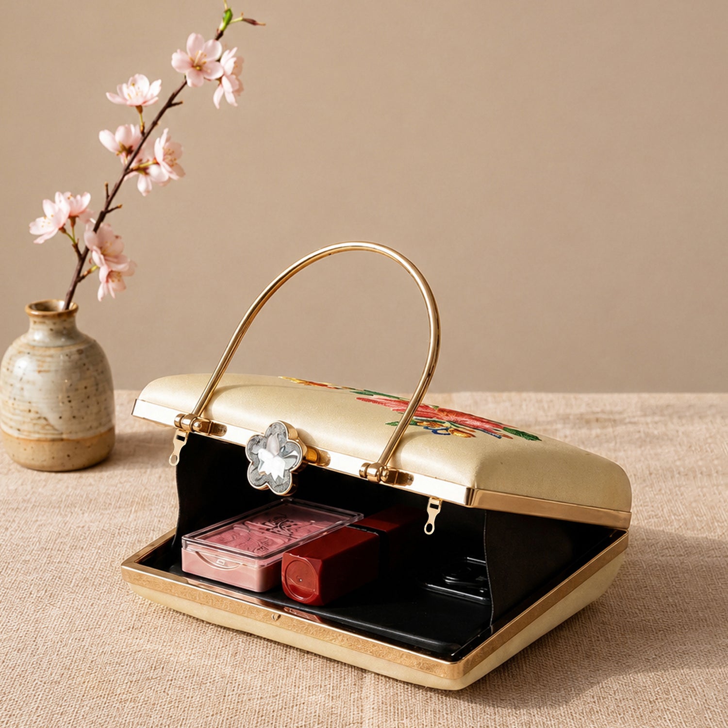 Artklim Printed Ivory Blossom Clutch with Hand Embroidery