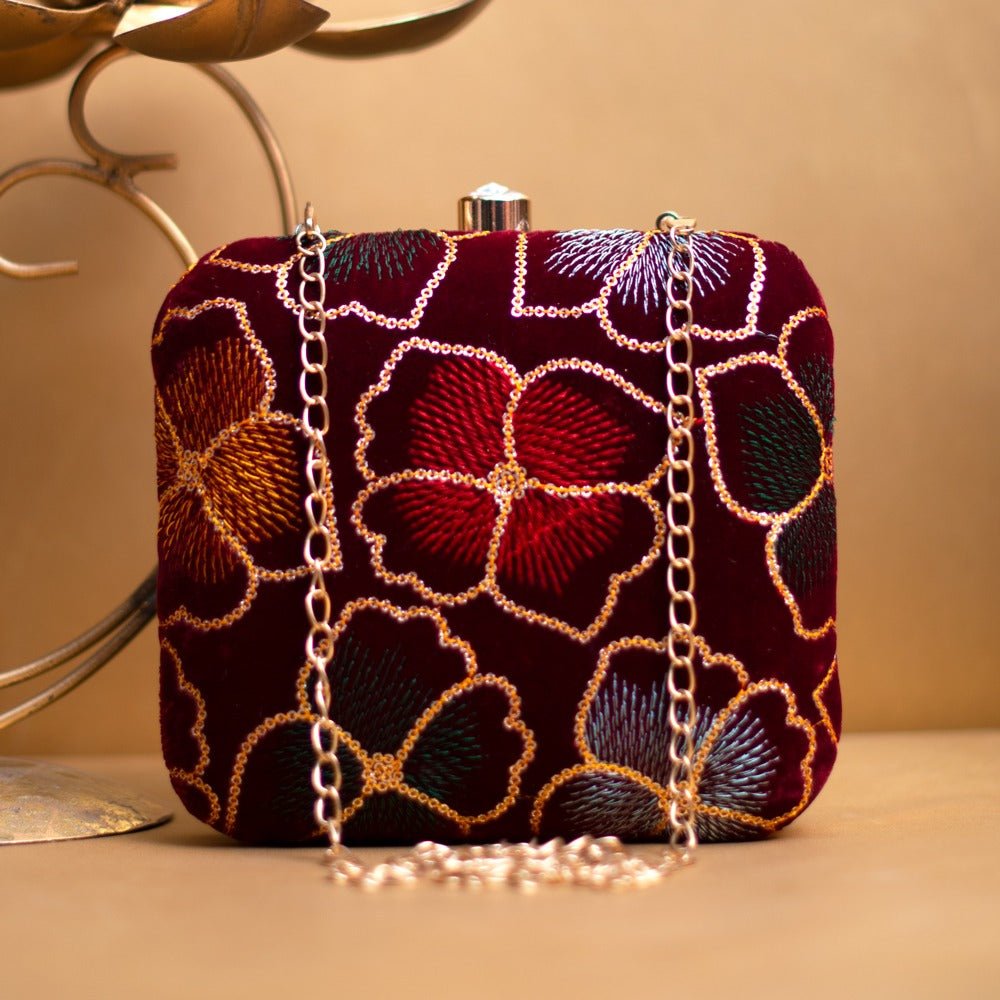 Artklim Maroon Flower Sequenced Embroidery Clutch