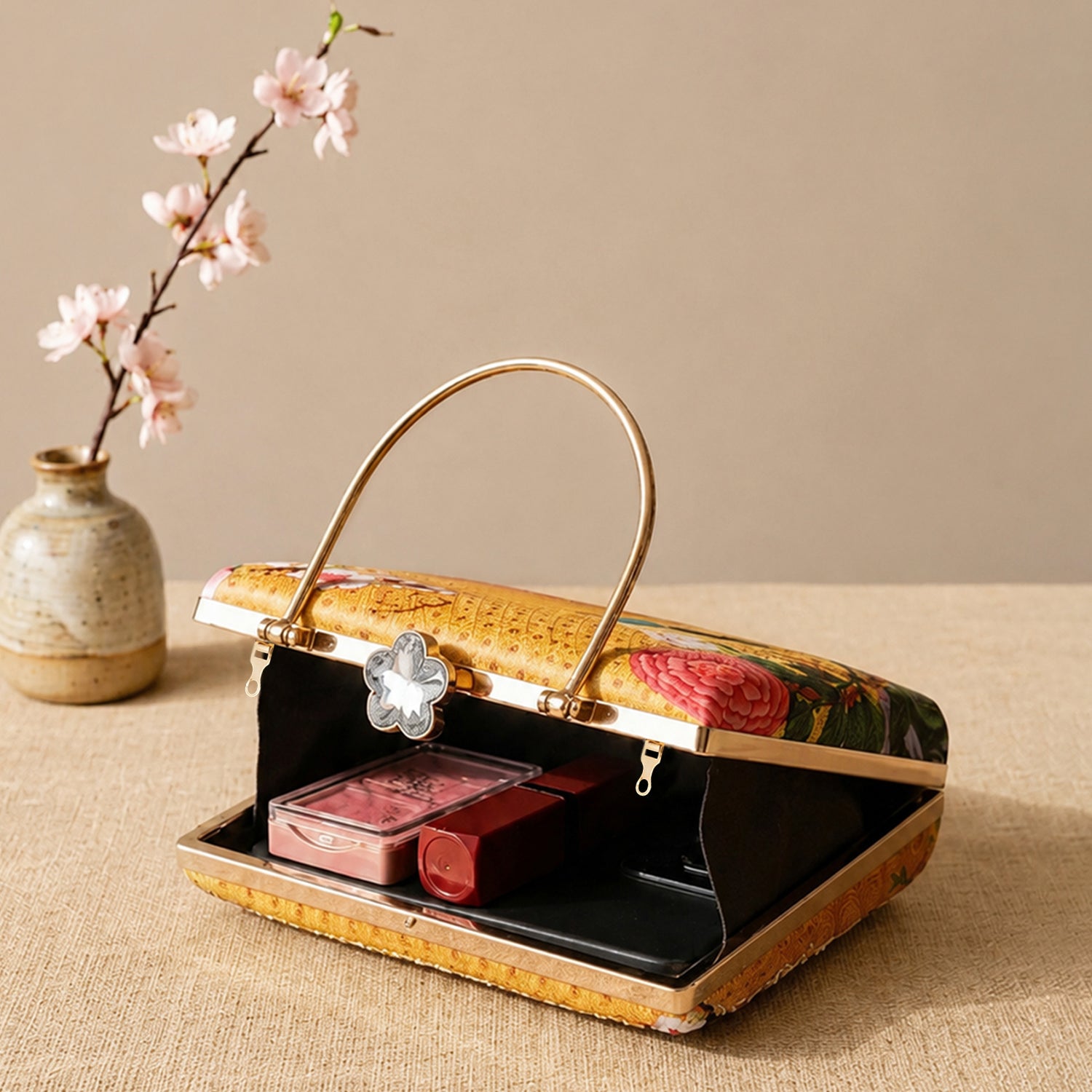 Artklim Printed Golden Songbird Garden Clutch with Hand Embroidery