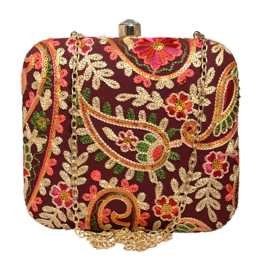 Maroon Multicolor Threadwork Embroidery Clutch