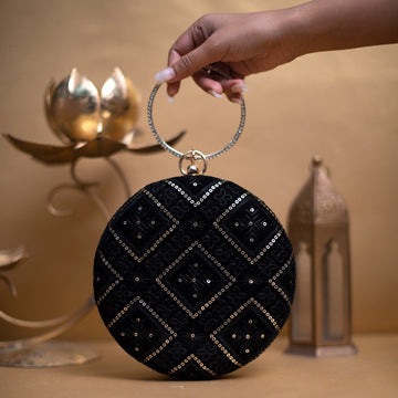 Artklim Black Embroidery Round Party Clutch