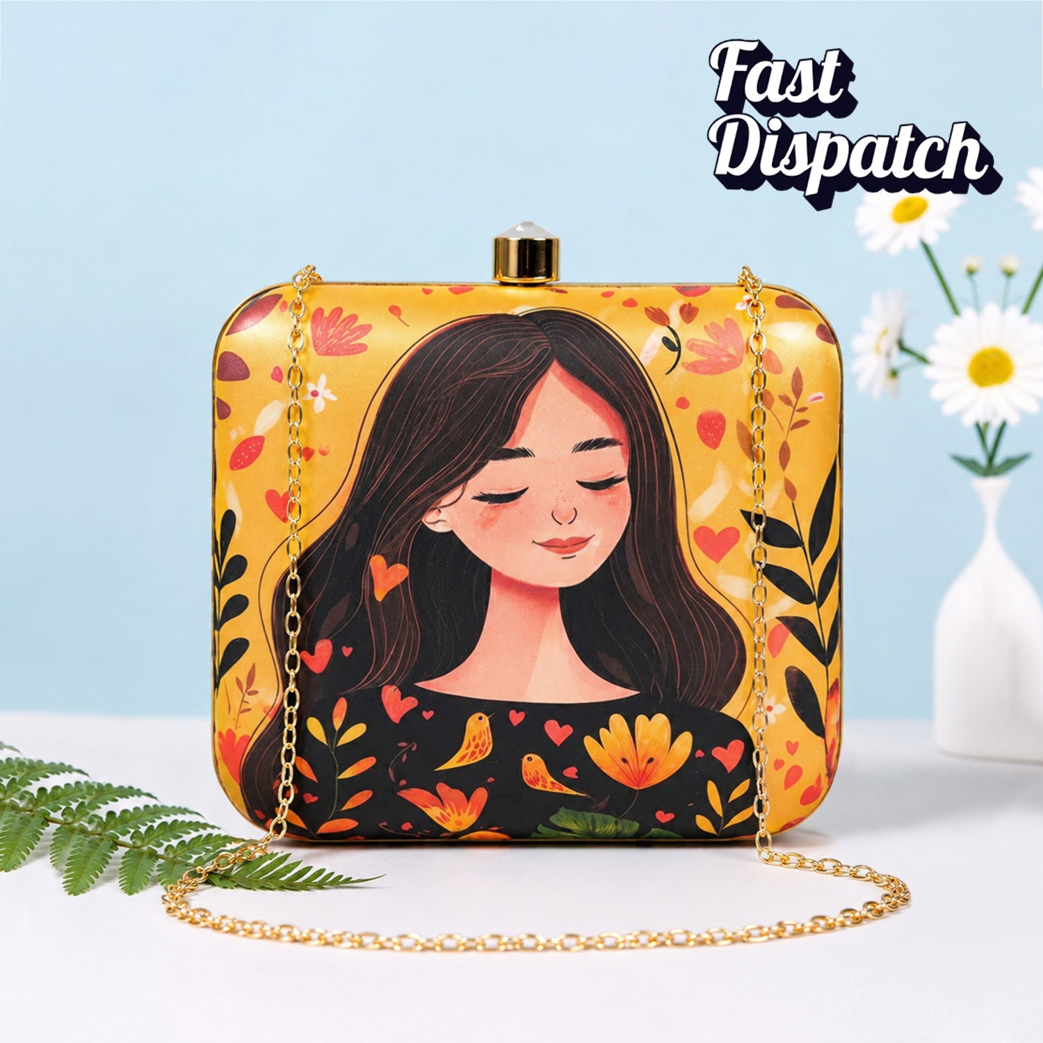 Artklim Yellow Girl And Birds Printed Clutch