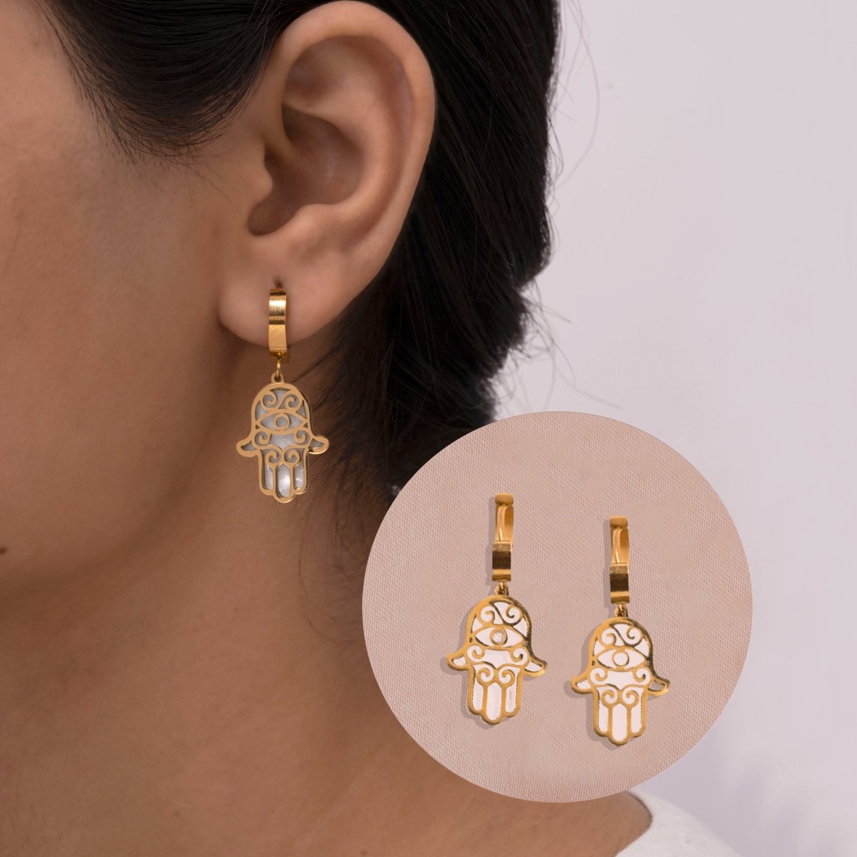 Artklim Hamsa Hand Gold Plated Drop Hoop Earrings