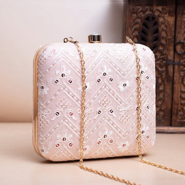 Artklim Pastel Pink Based White Threadwork Embroidery Clutch