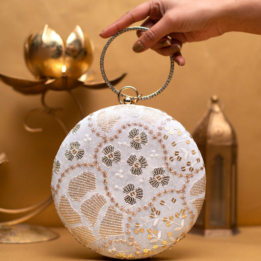 Cream And Golden Round Embroidery Clutch
