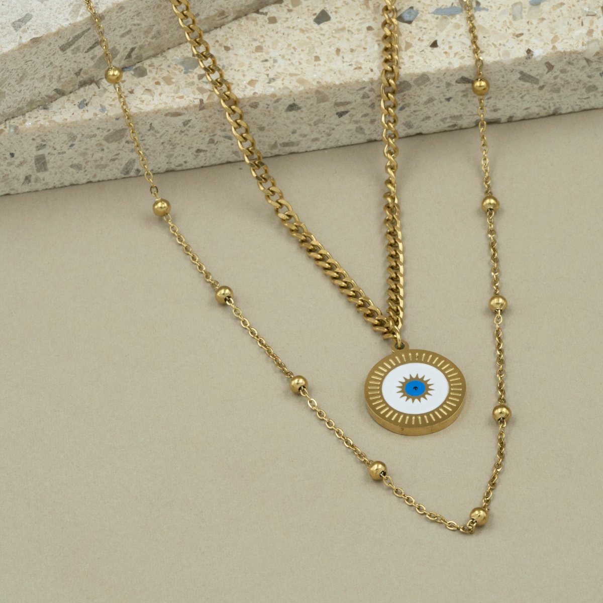 Artklim Gold Plated Dual Layered Round Evil Eye Pendant Necklace