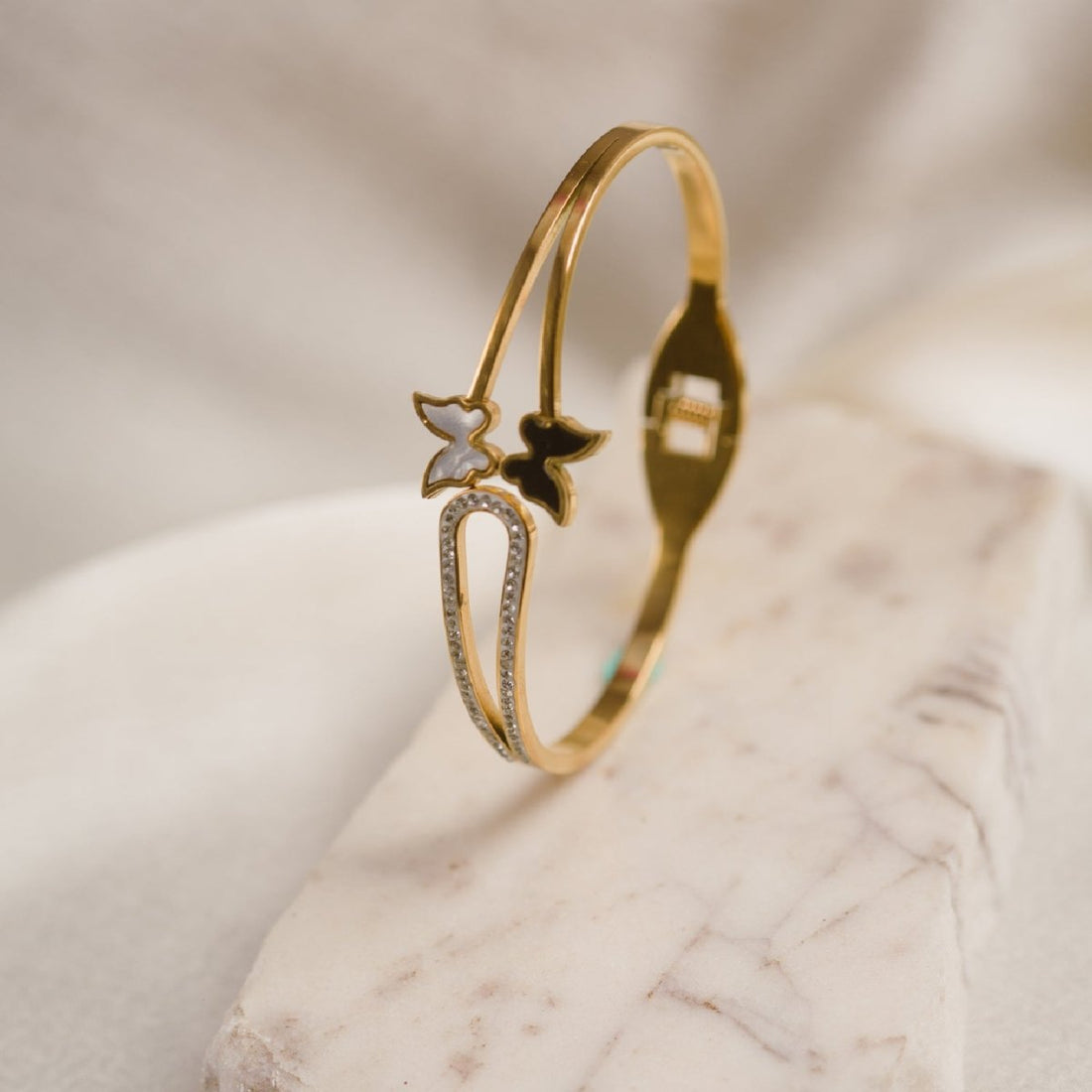 Artklim Gold Plated White And Black Butterfly Bangle Bracelet