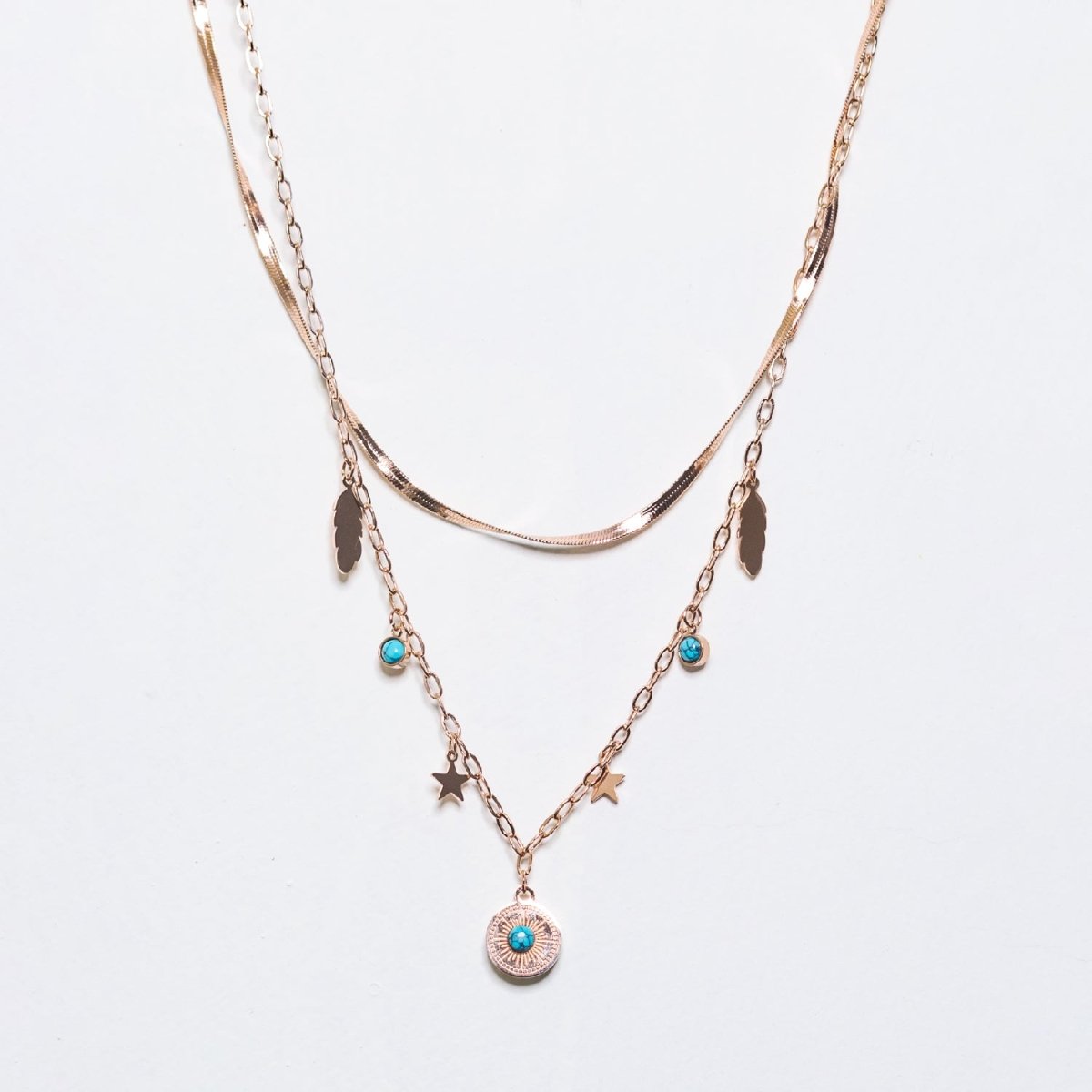 Artklim Gold Plated Feather Star And Round Pendant Necklace