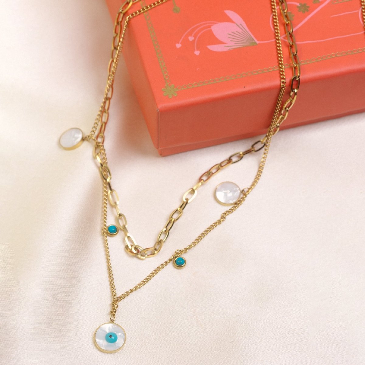 Artklim Gold Plated Double Layered Evil Eye Charms Pendant Necklace