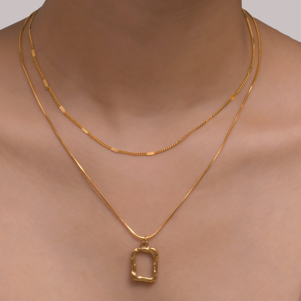 Artklim Gold Plated Hollow Square Pendant Double Layered Necklace