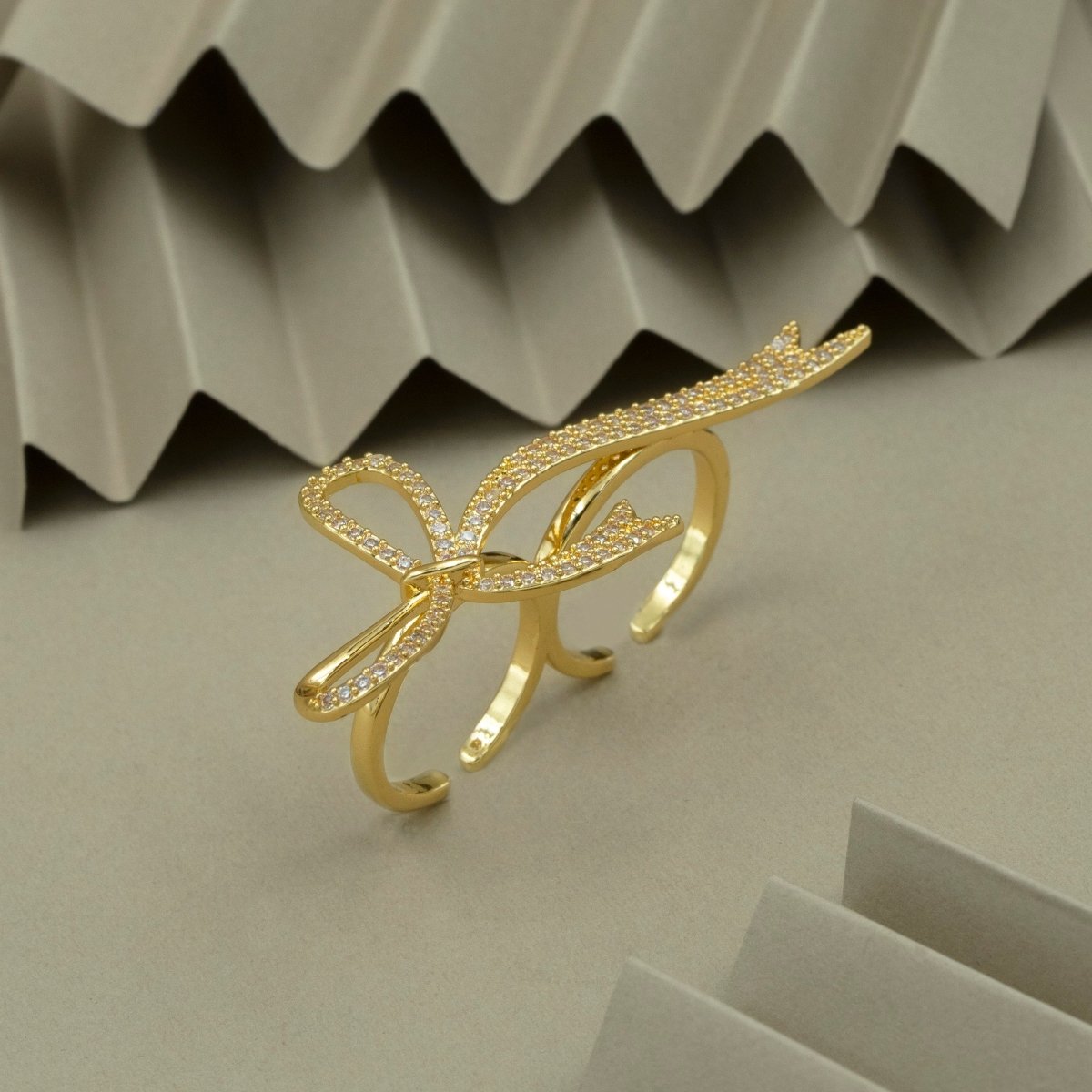 Artklim Gold Plated Studded Bow Design Adjustable Ring