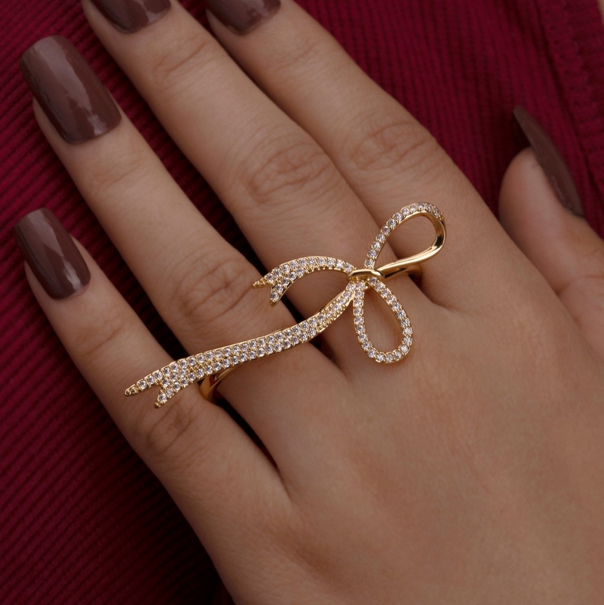 Artklim Gold Plated Studded Bow Design Adjustable Ring