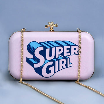 Artklim Light Pink Base Super Girl Printed Leatherette Clutch