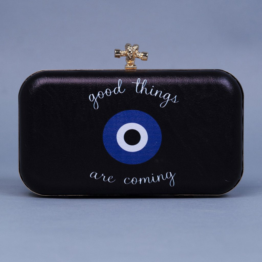 Artklim Black Based Quirky Quote Printed Leatherette Clutch