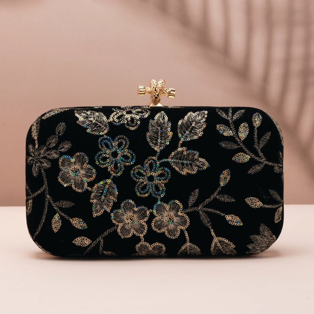 Artklim Black Based Floral Sequins Embroidery Fabric Clutch