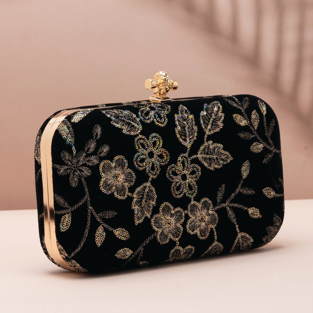 Artklim Black Based Floral Sequins Embroidery Fabric Clutch