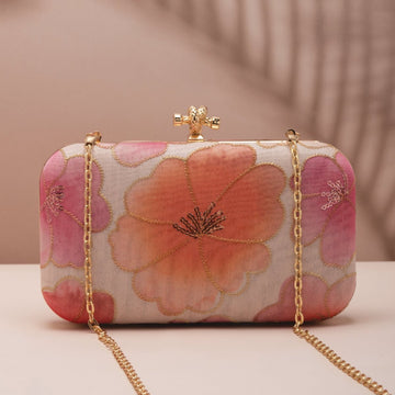 Artklim White Base Pastel Orange Floral Printed Fabric Clutch