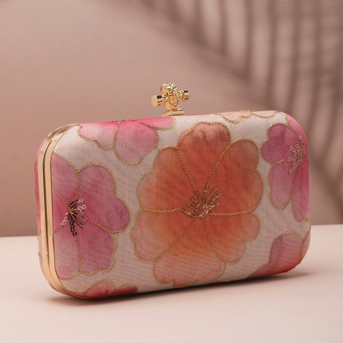 Artklim White Base Pastel Orange Floral Printed Fabric Clutch
