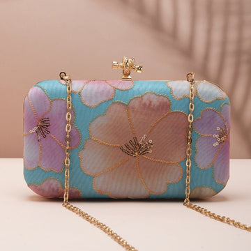 Artklim Pastel Blue Base Floral Printed Fabric Clutch
