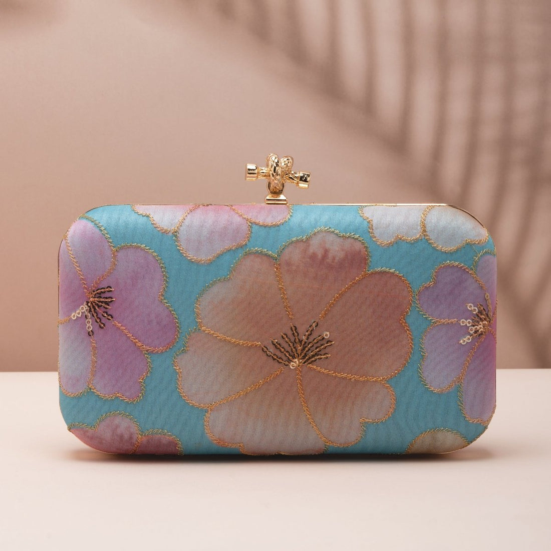 Artklim Pastel Blue Base Floral Printed Fabric Clutch