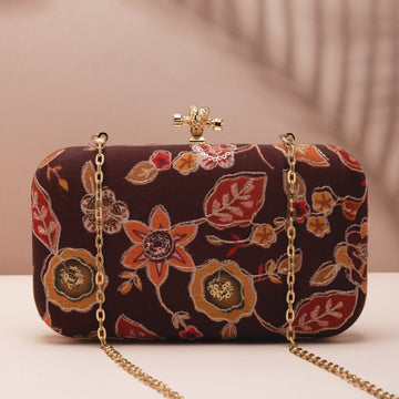 Artklim Brown Base Orange Floral Printed Fabric Clutch
