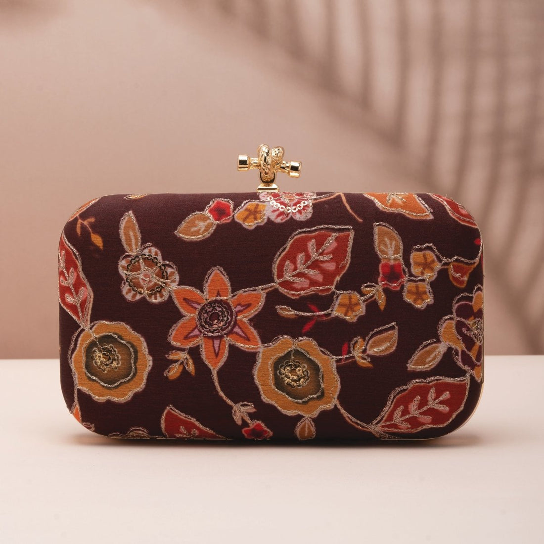 Artklim Brown Base Orange Floral Printed Fabric Clutch