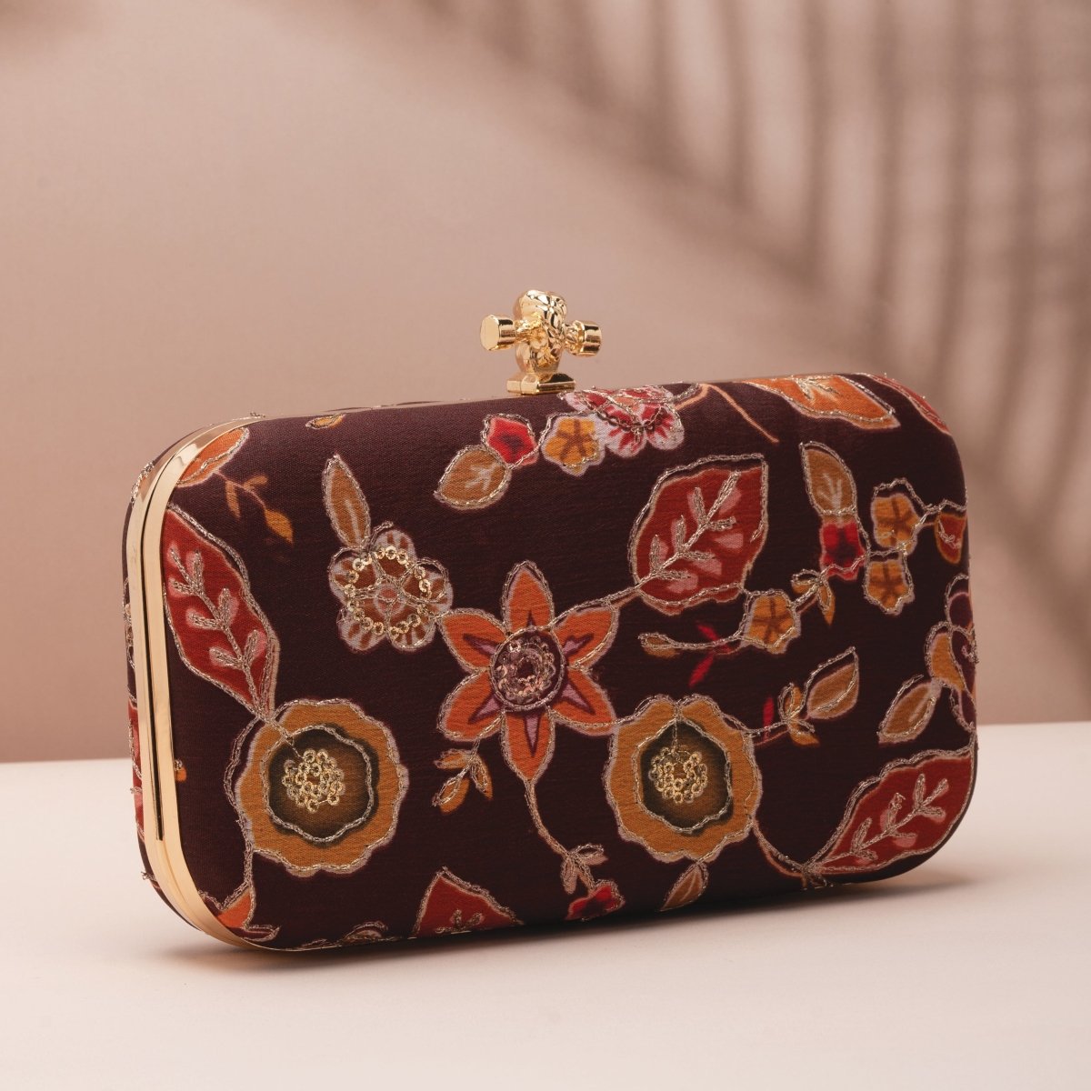 Artklim Brown Base Orange Floral Printed Fabric Clutch