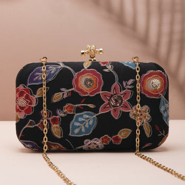 Artklim Black Based Floral Printed Fabric Clutch