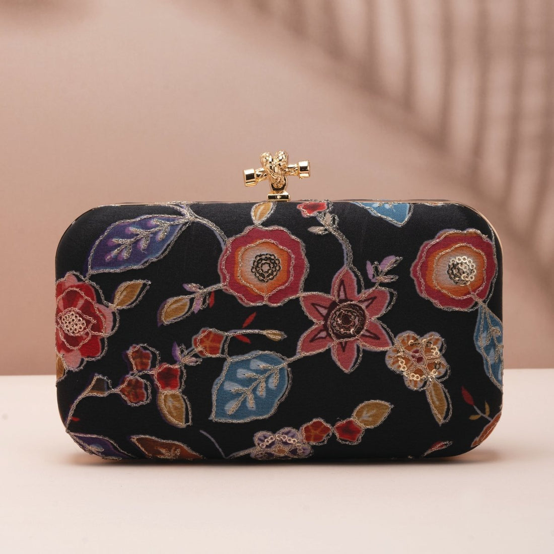 Artklim Black Based Floral Printed Fabric Clutch