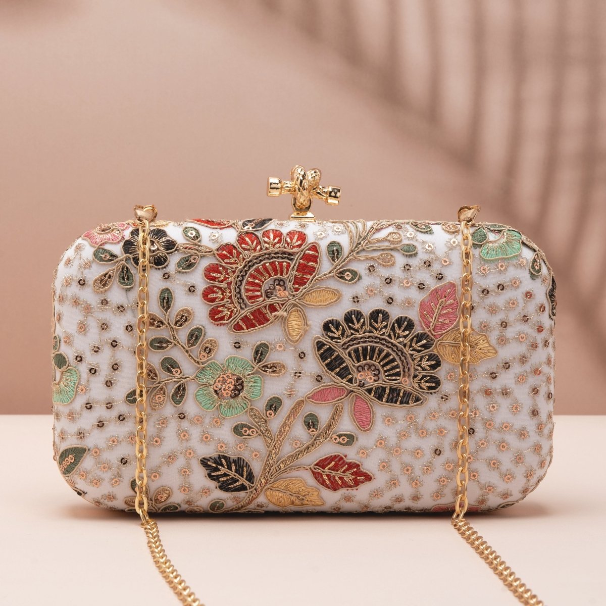 Artklim White Based Multicolored Threadwork And Sequins Embroidery Clutch